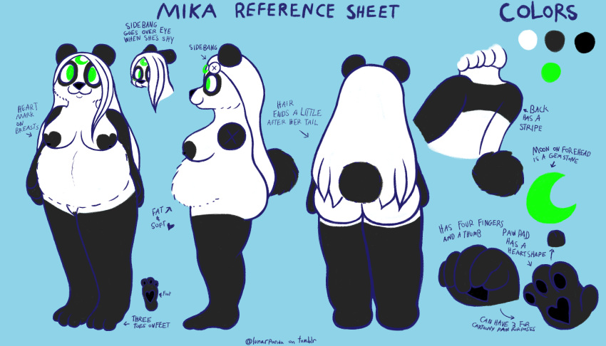 7:4 anthro bear black_body black_fur black_nose breasts digital_media_(artwork) english_text female fur fur_markings genitals giant_panda green_eyes hair hi_res lunarpanda8686 mammal markings mika_(lunarpanda8686) model_sheet nipples nude pussy round_ears simple_background slightly_chubby smile solo tail text white_body white_fur white_hair