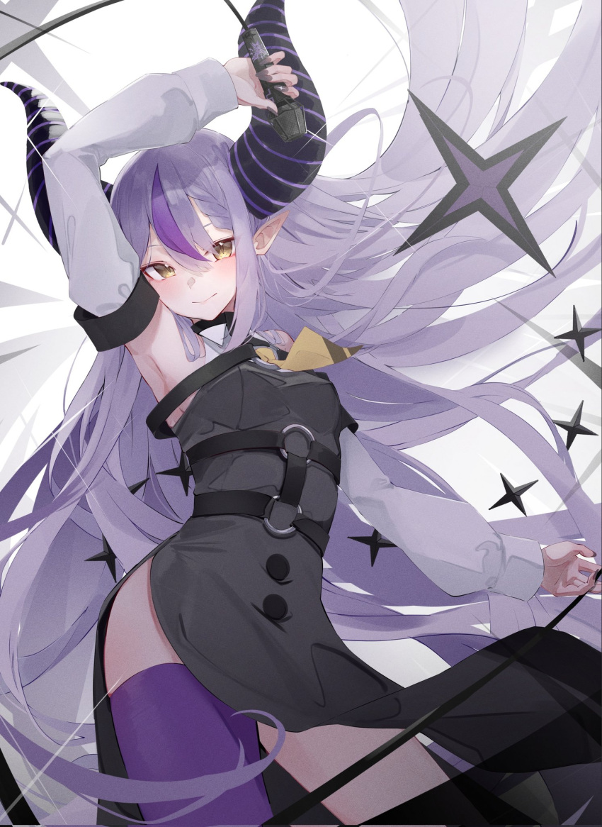 1girl ascot black_horns braid braided_bangs demon_horns detached_sleeves highres hololive holox horns la+_darknesss long_hair motoi_(croa76) multicolored_hair pointy_ears purple_hair purple_thighhighs single_thighhigh streaked_hair striped_horns thighhighs very_long_hair virtual_youtuber white_hair yellow_ascot