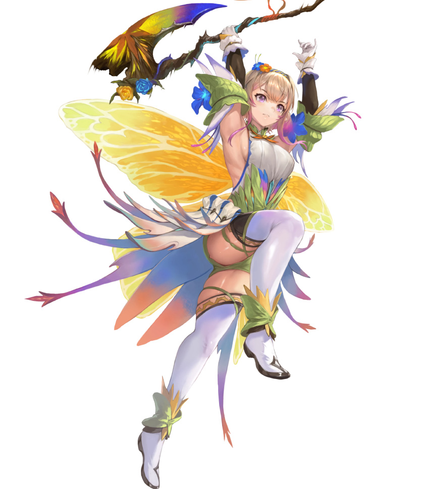 1girl attack axe boots breasts butterfly_wings detached_sleeves dress fairy fairy_wings fire_emblem fire_emblem_heroes flower hair_flower hair_ornament highres holding holding_axe knee_up medium_breasts non-web_source official_alternate_costume official_art peony_(cherished_dream)_(fire_emblem) peony_(fire_emblem) plant_hair sideboob skindentation solo thigh_boots thighhighs thighs v-shaped_eyebrows white_thighhighs wings yellow_dress