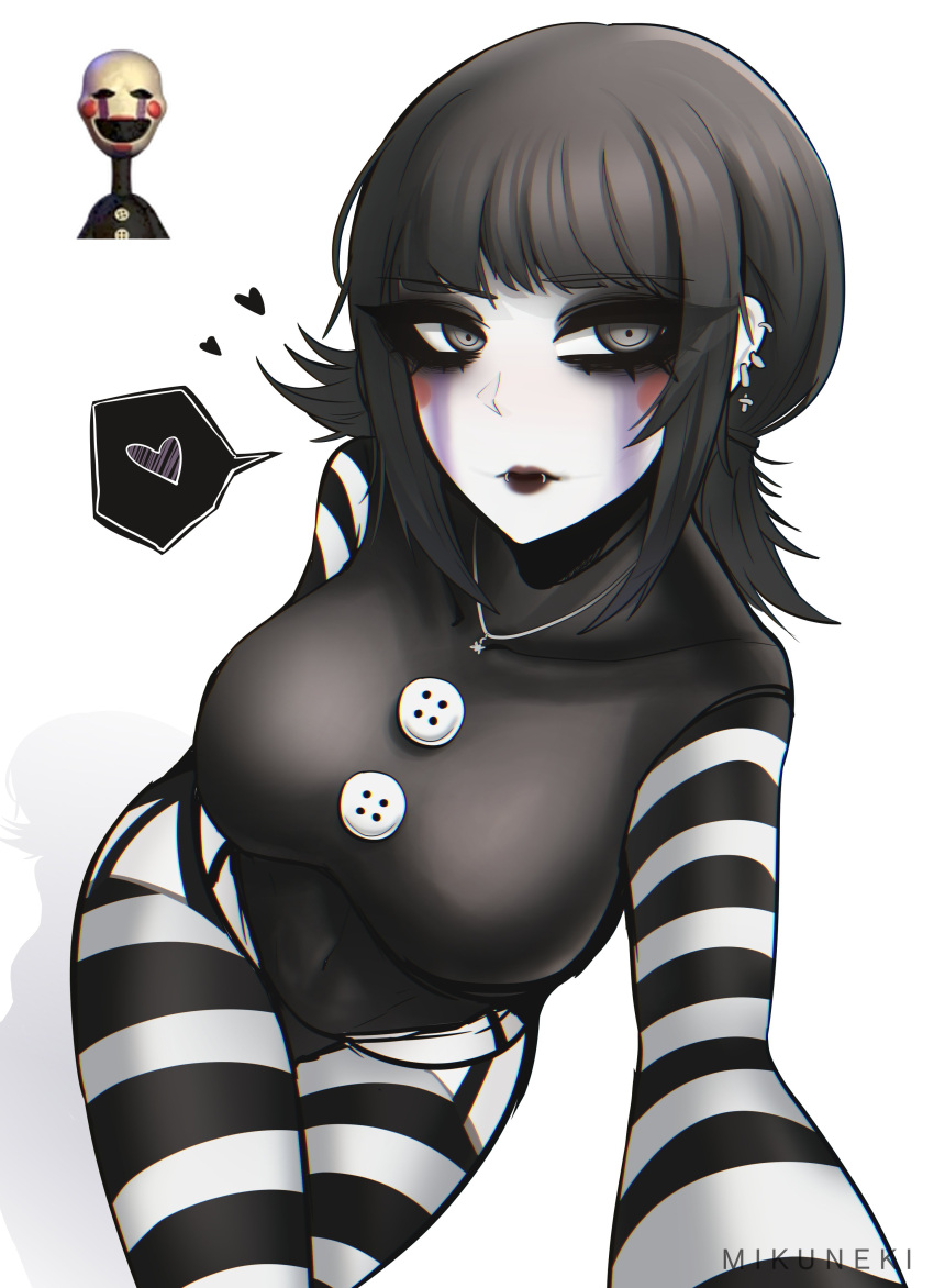 1girl absurdres artist_name black_eyeshadow black_hair black_leotard blush_stickers breasts buttons covered_collarbone covered_navel earrings eyeshadow five_nights_at_freddy's grey_eyes heart highres jewelry large_breasts leotard lip_piercing lips makeup mikuneki necklace pale_skin piercing shadow spoken_heart striped striped_sleeves striped_thighhighs the_puppet_(fnaf) thighhighs