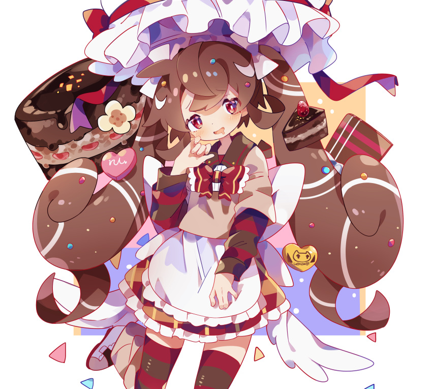 1girl :d \||/ absurdres apron artist_logo artist_name bow brown_hair brown_shirt brown_sleeves brown_thighhighs cake candy chocolate chocolate_bar chocolate_cake cowlick dress drooling food furrowed_brow hair_bow hand_on_own_cheek hand_on_own_face hand_up hat hat_bow hat_ribbon head_tilt heart highres layered_sleeves long_hair long_sleeves low_wings mouth_drool multicolored_bow multicolored_sleeves multicolored_thighhighs original personification pink_bow plaid plaid_skirt red_bow red_eyes red_sleeves red_thighhighs ribbon shirt simple_background skirt smile standing standing_on_one_leg striped striped_bow striped_thighhighs thighhighs thighs triangle twintails uenomigi waist_apron white_background white_bow white_headwear wings yellow_bow