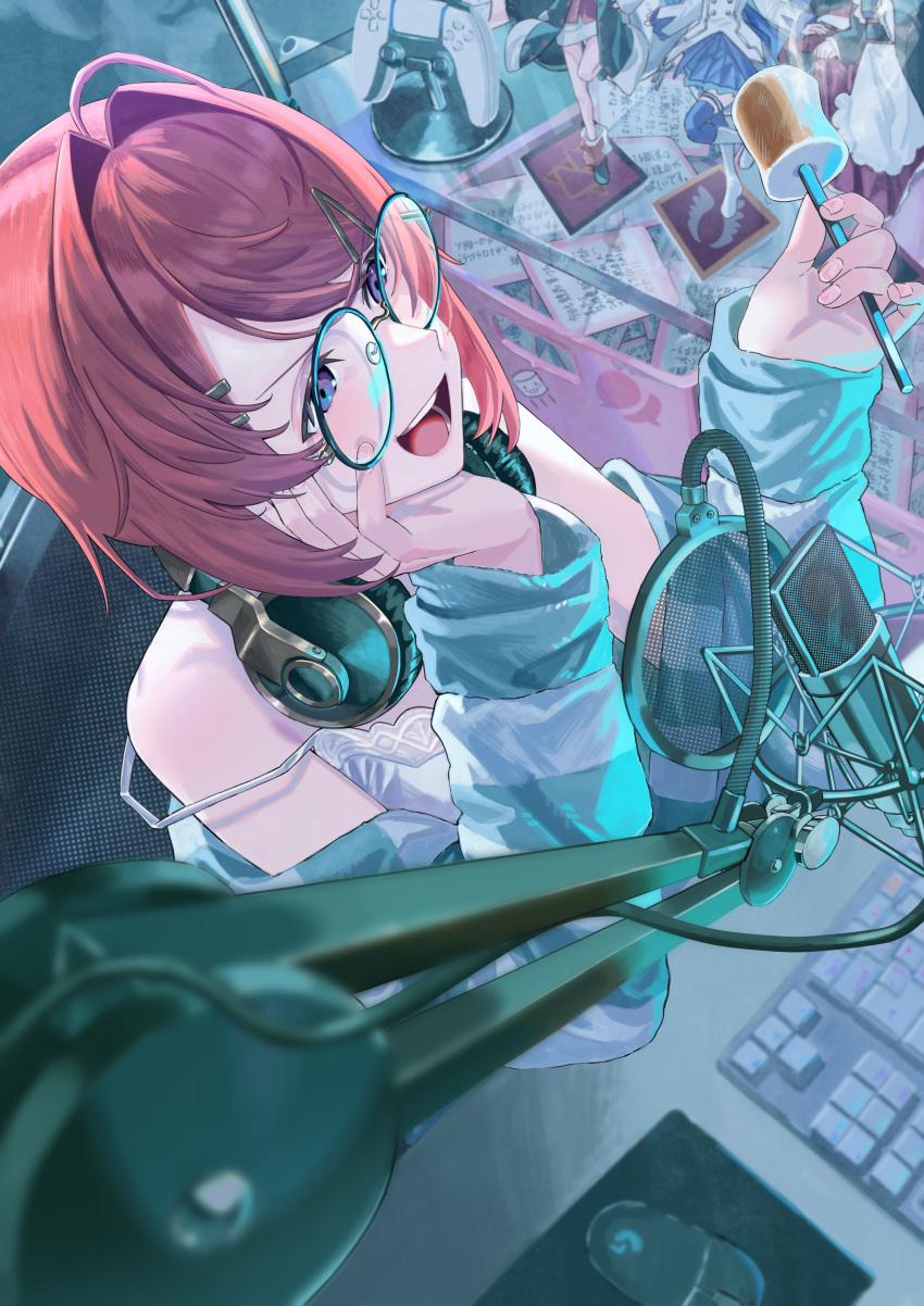 1girl absurdres ahoge ange_katrina camisole cardigan commentary figure hair_intakes hair_ornament hairclip hand_on_own_face headphones headphones_around_neck highres inui_toko livestream lize_helesta looking_at_another looking_at_viewer microphone nijisanji nishinodashi off_shoulder open_cardigan open_clothes red_hair roasted_marshmallow round_eyewear short_hair sleeves_past_wrists solo virtual_youtuber white_camisole