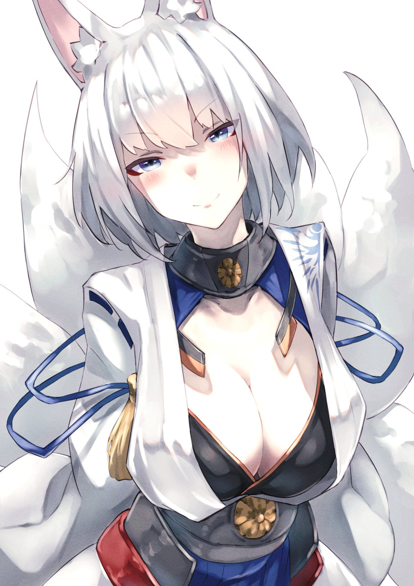 1girl alexi_oekaki animal_ear_fluff animal_ears azur_lane blue_eyes blue_ribbon blue_skirt breasts cleavage collar collarbone eyeshadow fox_ears fox_girl highres japanese_clothes kaga_(azur_lane) kimono kitsune large_breasts makeup pleated_skirt red_eyeshadow ribbon sakura_empire_(emblem) short_hair skirt solo white_hair white_kimono