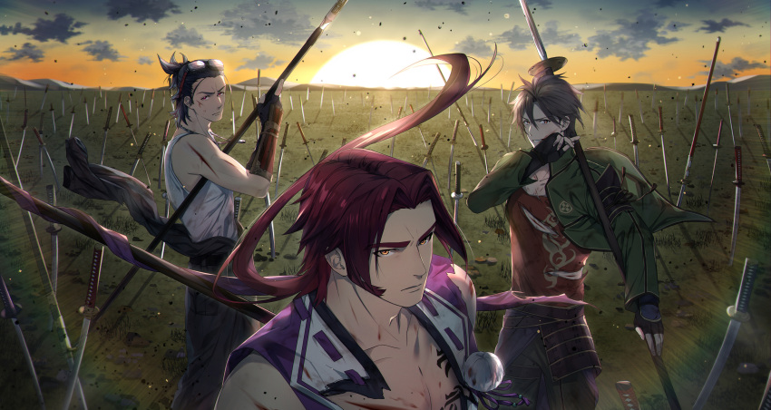 3boys absurdres bara cloud cloudy_sky commentary_request goggles goggles_on_head hand_on_own_face highres holding holding_polearm holding_weapon injury katana looking_at_viewer multiple_boys nihongou nihongou_(touken_ranbu) onota_(fkdx2243) otegine plain polearm sky spear sun sun_glare sunrise sword tonbokiri tonbokiri_(touken_ranbu) torn_clothes touken_ranbu weapon wind yari