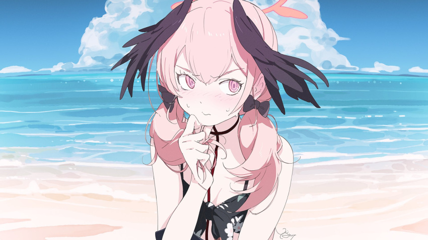1girl beach bikini black_bow black_wings blue_archive blush bow breasts closed_mouth cloud day feathered_wings floral_print hair_between_eyes hair_bow head_wings highres koharu_(blue_archive) koharu_(swimsuit)_(blue_archive) ocean outdoors pink_eyes pink_hair signature sky small_breasts solo sweat swimsuit twintails uki_atsuya upper_body wings