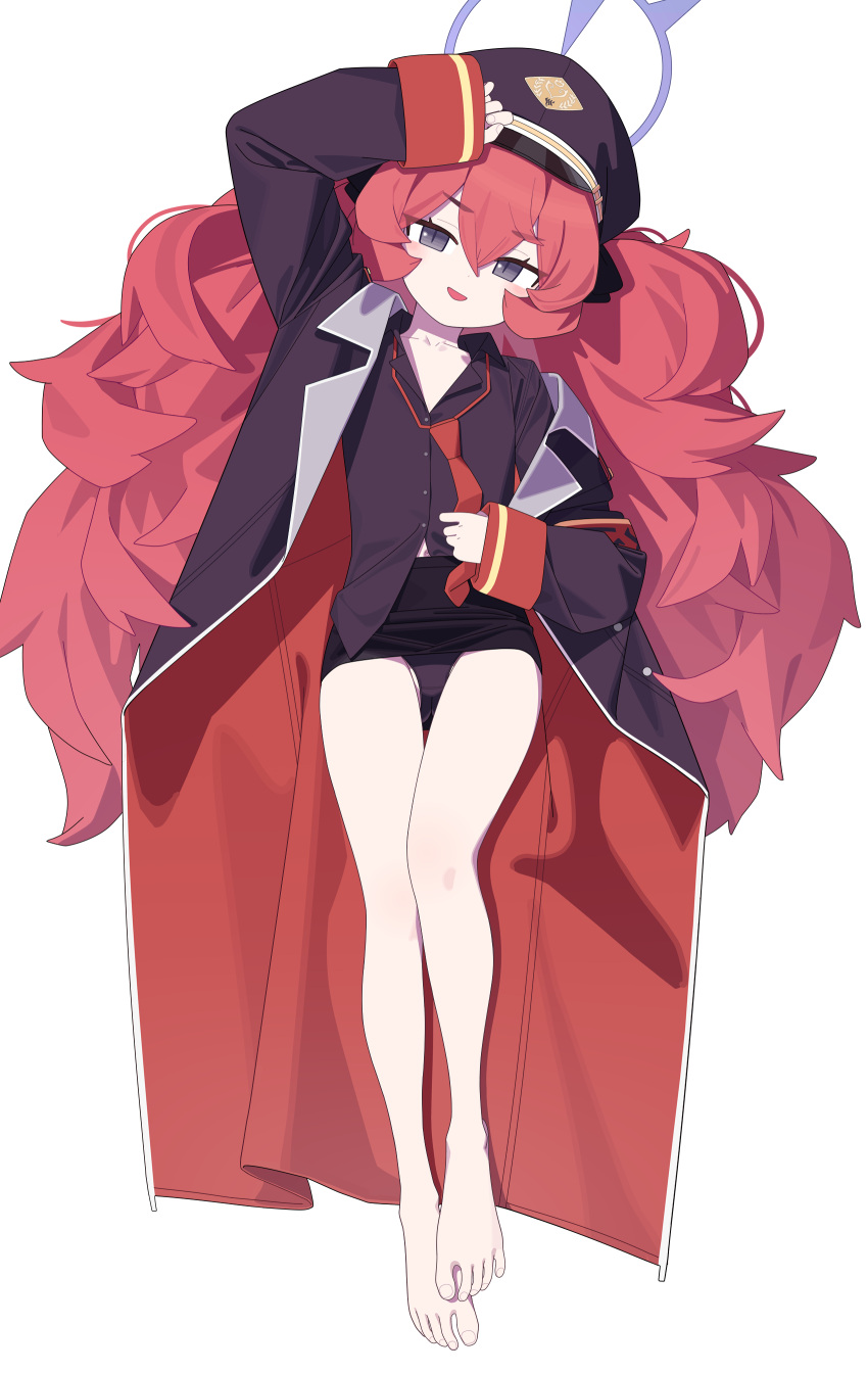 1girl absurdres arm_up bare_legs barefoot big_hair black_coat black_panties black_shirt black_skirt blue_archive clothes_lift coat collarbone collared_shirt flat_chest from_above full_body grey_eyes hair_between_eyes hair_spread_out halo hat highres iroha_(blue_archive) legs long_hair long_sleeves looking_at_viewer loose_necktie lying mabera military military_hat military_uniform miniskirt necktie on_back open_mouth oversized_clothes panties peaked_cap pencil_skirt red_armband red_hair red_necktie shadow shirt sidelocks simple_background skirt skirt_lift solo thighs toenails toes underwear uniform upskirt very_long_hair wavy_hair white_background