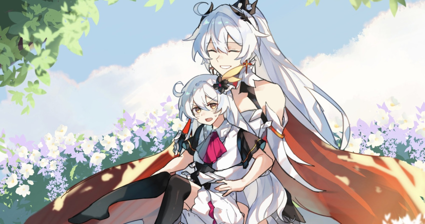 2girls aged_down ahoge alternate_costume bare_shoulders child closed_eyes cross day earrings hair_between_eyes happy high_ponytail highres honkai_(series) honkai_impact_3rd hug jewelry kiana_kaslana kiana_kaslana_(herrscher_of_flamescion) kiana_kaslana_(herrscher_of_the_void) long_hair multiple_girls open_mouth outdoors shiying_no_yao upper_body v-shaped_eyebrows white_armor white_hair yellow_background