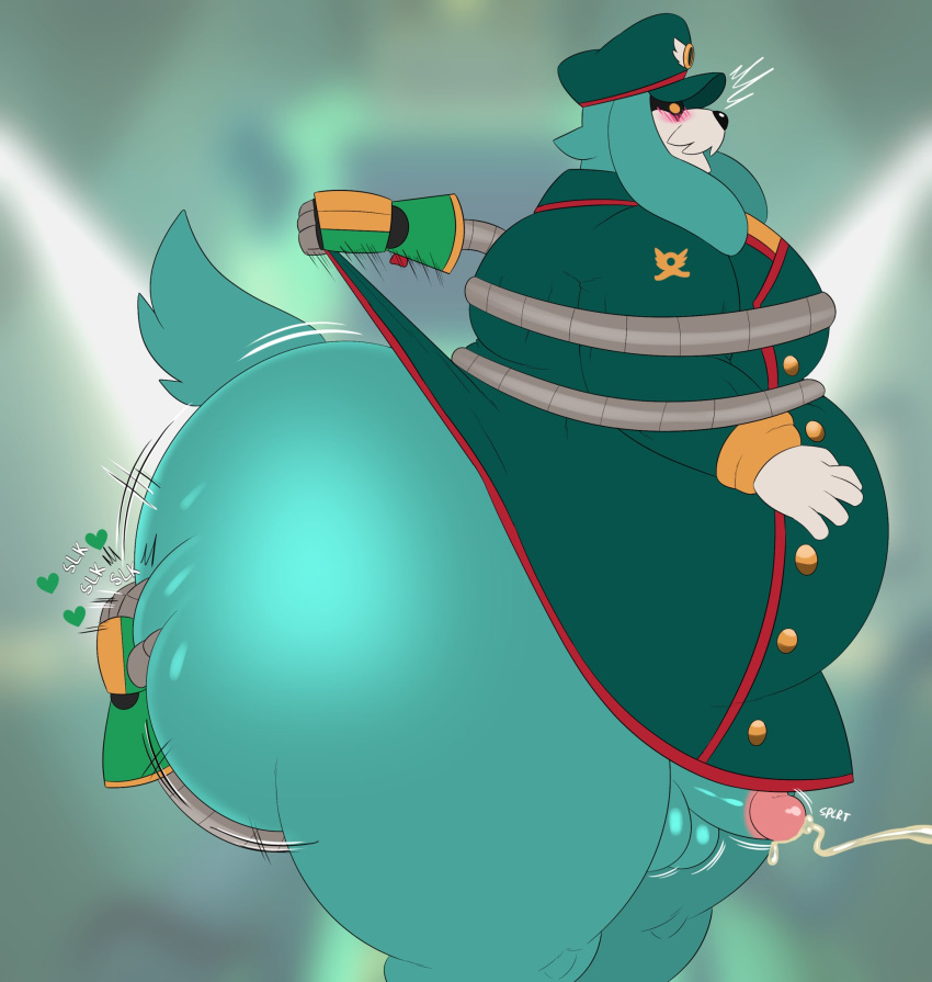 &lt;3 anthro balls belly big_butt blush bottomless butt canid canine canis clothed clothing conductor_(sonic) domestic_dog ejaculation genitals hand_on_butt hat headgear headwear hi_res huge_butt huge_thighs hyper hyper_butt male mammal mechanical_arm megacoolbear_(artist) overweight overweight_anthro overweight_male penis side_view solo the_murder_of_sonic_the_hedgehog thick_thighs topwear