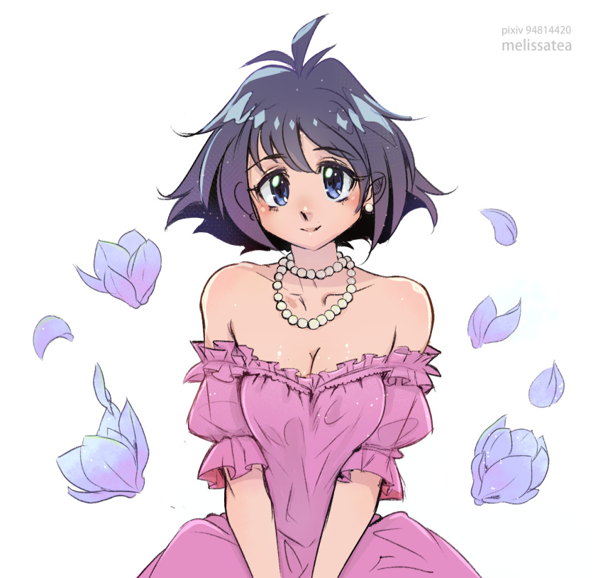 1girl alternate_costume amelia_wil_tesla_seyruun artist_name black_hair blush breasts cleavage collarbone dress earrings flower highres jewelry looking_at_viewer medium_breasts melissatea necklace off-shoulder_dress off_shoulder pearl_necklace pink_dress pixiv_id purple_flower short_hair slayers smile solo white_background