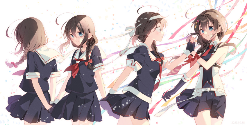 4girls ahoge blue_eyes braid brown_hair hair_flaps highres kantai_collection long_hair multiple_girls multiple_persona naoto_(tulip) shigure_(kancolle) shigure_kai_ni_(kancolle) shigure_kai_san_(kancolle) single_braid