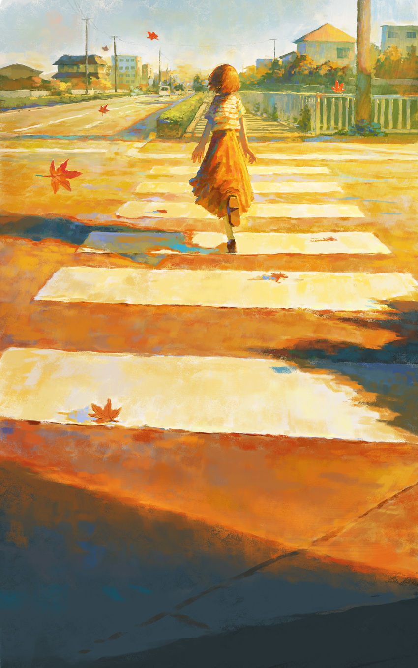 1girl autumn crosswalk fjsmu highres house original road scenery shadow short_hair skirt sky solo utility_pole walking