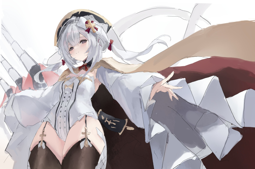 1girl absurdres azur_lane black_headwear black_thighhighs blush bow breasts cape closed_mouth cowboy_shot cross detached_sleeves dress flandre_(azur_lane) frills from_below garter_straps grey_eyes hair_between_eyes hair_bow hair_ornament hat highres leotard long_hair long_sleeves looking_at_viewer looking_down low_twintails lump_saury outstretched_arms red_cape ribbon rigging sidelocks simple_background sketch small_breasts smile solo standing strapless strapless_leotard thighhighs thighs turret twintails white_background white_hair white_leotard wide_sleeves
