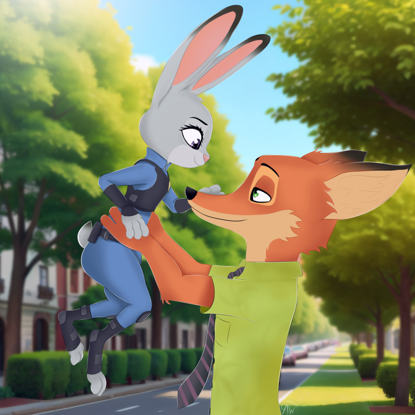 1:1 anthro artwillam canid canine clothed clothing disney duo female fox fur hi_res holding_(disambiguation) judy_hopps lagomorph leporid male male/female mammal nick_wilde orange_body orange_fur rabbit red_fox smile zootopia