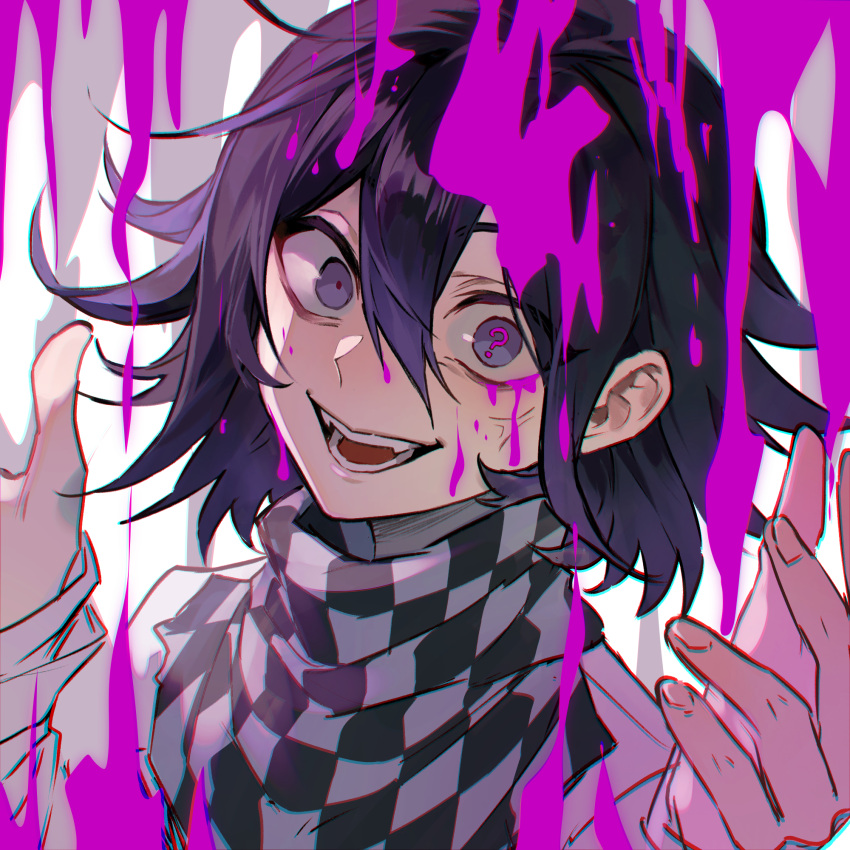 1boy :d black_hair blood blood_on_face checkered_clothes checkered_scarf crazy_smile danganronpa_(series) danganronpa_v3:_killing_harmony fangs flipped_hair grey_background hair_between_eyes hands_up highres long_sleeves looking_at_viewer medium_hair nanin oma_kokichi pink_blood question_mark_in_eye scarf smile solo teeth tongue white_background