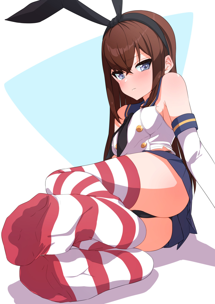 1girl ass black_hairband black_neckerchief black_panties blue_eyes blue_sailor_collar blue_skirt blush breasts brown_hair buttons cameltoe closed_mouth commission cosplay crossed_bangs double-breasted elbow_gloves feet foot_focus foreshortening full_body gloves godai_01 hairband highleg highleg_panties highres kantai_collection legs legs_together long_hair looking_at_viewer lying makise_kurisu medium_breasts miniskirt neckerchief no_shoes on_side panties pixiv_commission pleated_skirt red_thighhighs sailor_collar shadow shimakaze_(kancolle) shimakaze_(kancolle)_(cosplay) skirt sleeveless soles solo spread_toes steins;gate striped striped_thighhighs thighhighs thighs toenails toes underwear white_gloves white_thighhighs