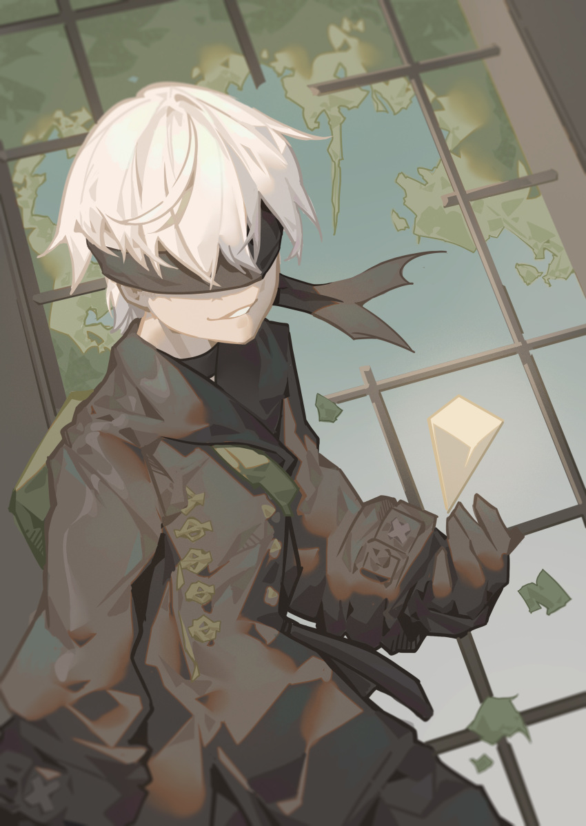 18660081532 1boy absurdres black_blindfold black_coat black_gloves blindfold choker coat from_above gloves highres male_focus nier:automata nier_(series) short_hair shorts smile solo uniform white_hair yorha_no._9_type_s