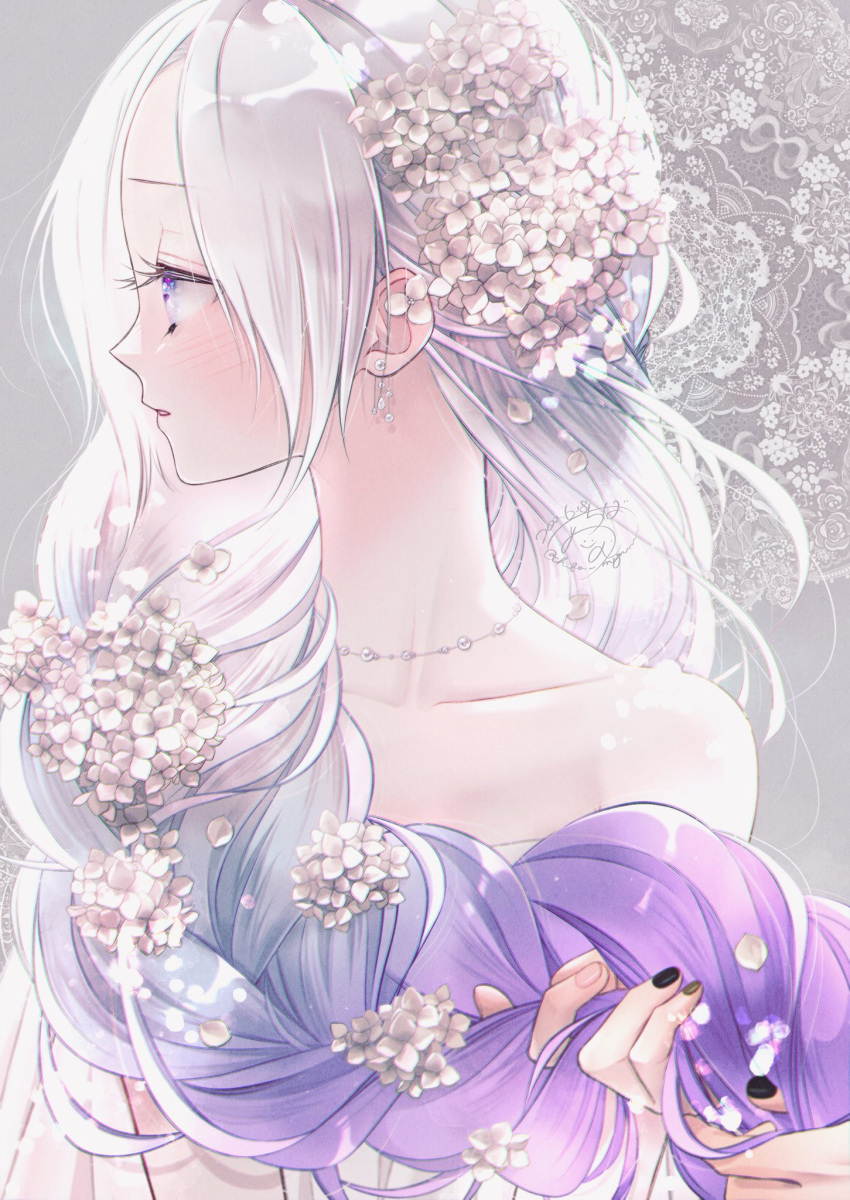 1girl black_nails blush braid chiba_megumu collarbone dangle_earrings doily dress ear_piercing earrings flower flower_braid flower_earrings gradient_hair grey_background grey_hair grey_nails hair_flower hair_ornament highres holding_another's_hair hydrangea jewelry long_hair looking_to_the_side multicolored_hair nail_polish necklace off-shoulder_dress off_shoulder original out_of_frame parted_bangs parted_lips pearl_earrings pearl_necklace piercing pink_nails profile purple_eyes purple_hair signature single_braid solo upper_body white_dress white_flower white_hair