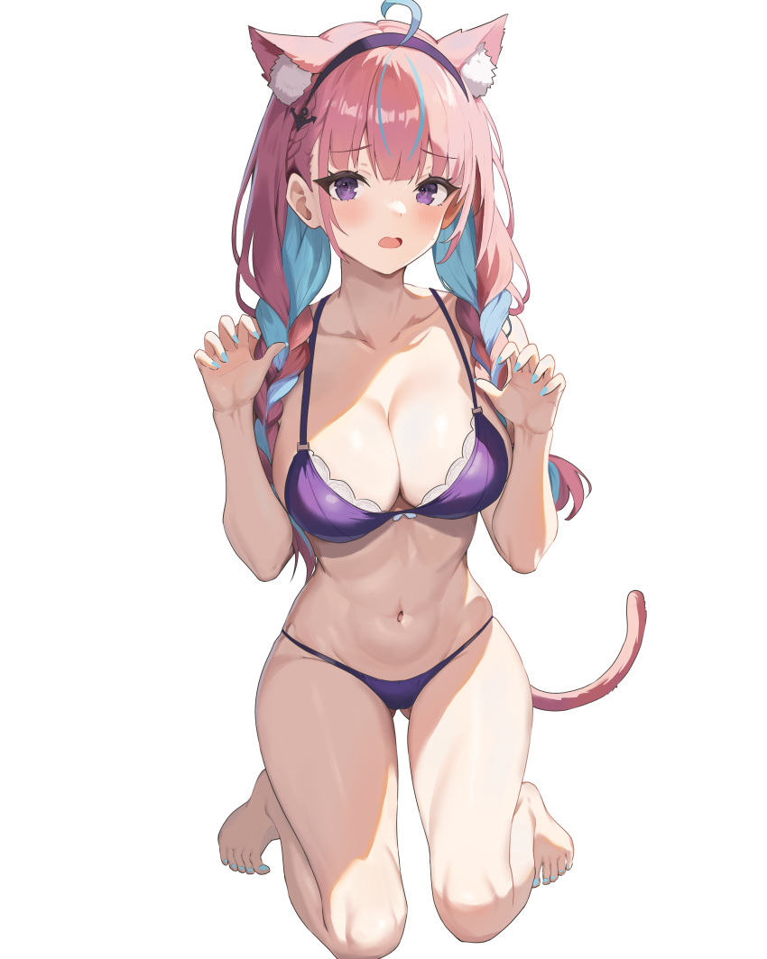 1girl absurdres ahoge anchor_hair_ornament animal_ear_fluff animal_ears ass_visible_through_thighs barefoot bikini blue_hair blue_nails blush braid breasts cat_ears chris_preston cleavage collarbone colored_inner_hair commentary_request feet fingernails hair_ornament hair_over_shoulder hairband hands_up highres hololive kemonomimi_mode kneeling large_breasts long_hair looking_at_viewer low_twin_braids minato_aqua multicolored_hair nail_polish navel open_mouth paw_pose pink_hair pink_tail purple_bikini purple_eyes purple_hairband sidelighting simple_background solo stomach streaked_hair sweatdrop swimsuit toenail_polish toenails toes twin_braids two-tone_hair virtual_youtuber white_background