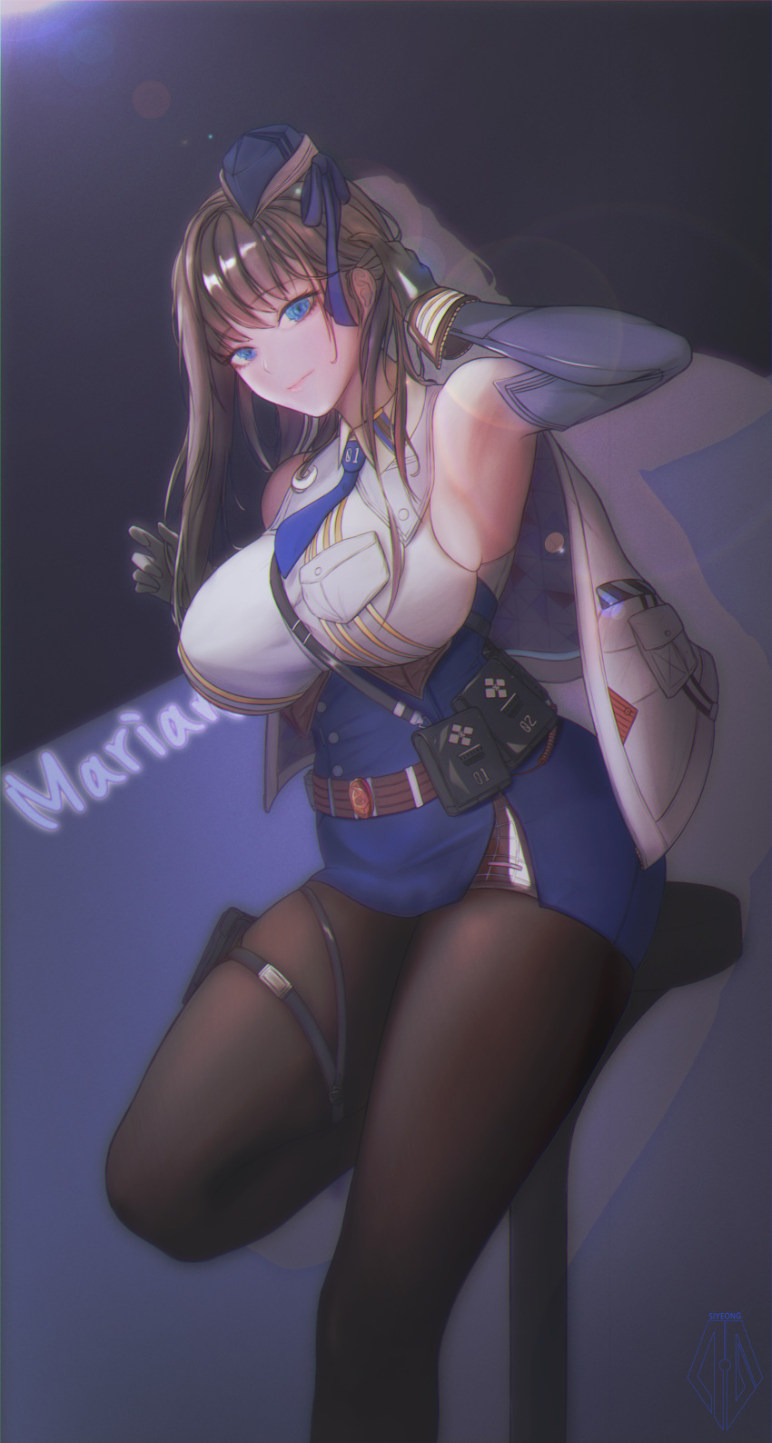 1girl absurdres arm_up armpits bare_shoulders belt black_pantyhose breasts brown_hair detached_sleeves floating_hair goddess_of_victory:_nikke hair_tucking hand_in_own_hair hand_on_own_ear hat highres holster jacket large_breasts long_hair looking_at_viewer marian_(nikke) military military_hat military_uniform necktie pantyhose pouch purple_eyes siyeong skindentation sleeveless solo thigh_holster uniform white_jacket