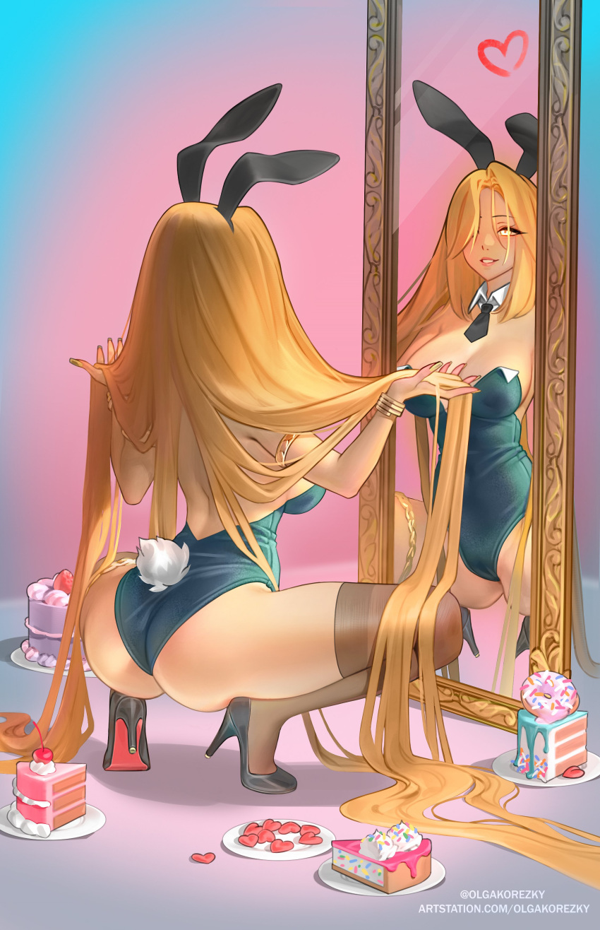 1girl absurdres animal_ears breasts cake cake_slice doughnut elden_ring fake_animal_ears fake_tail food highres jewelry large_breasts leotard long_hair mirror olga_korezky playboy_bunny queen_marika_the_eternal rabbit_ears rabbit_tail squatting tail thick_thighs thighhighs thighs very_long_hair