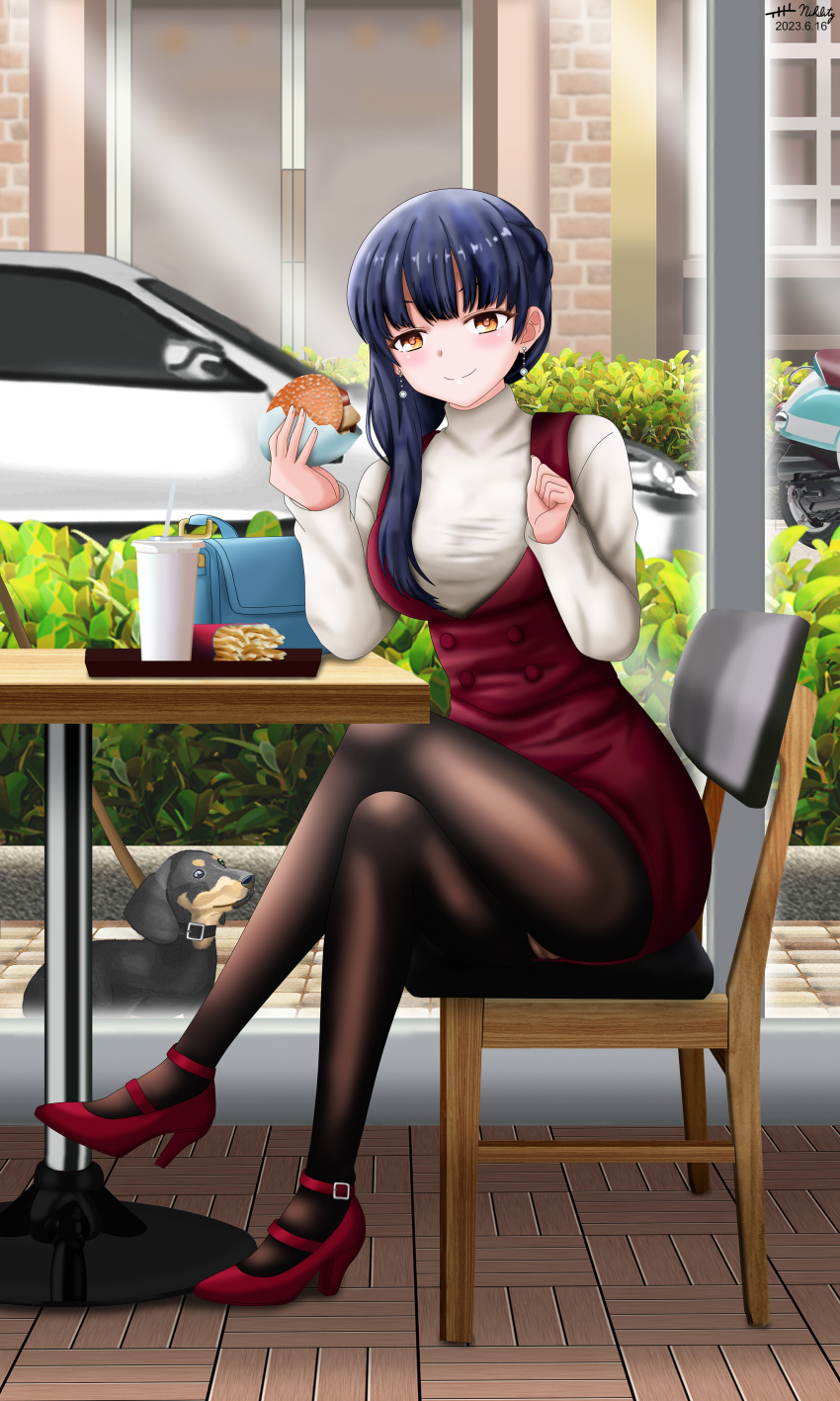 1girl absurdres black_pantyhose blue_hair blunt_bangs boku_no_kokoro_no_yabai_yatsu breasts burger car chair closed_mouth cup dark_blue_hair dated disposable_cup dog dress drinking_straw food french_fries full_body high_heels highres holding holding_food large_breasts long_hair looking_at_viewer motor_vehicle nihility on_chair panties panties_under_pantyhose pantyhose red_dress red_footwear shoes signature sitting solo straight_hair sweater sweater_under_dress table turtleneck turtleneck_sweater underwear upskirt white_panties white_sweater window yamada_anna