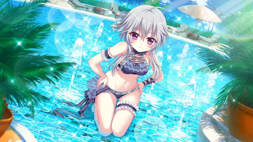 1girl ahoge arm_garter bare_shoulders bikini blue_bikini blue_flower blue_ribbon blue_rose blue_sky bow breasts bridal_garter chair cloud day dot_nose dutch_angle film_grain flower game_cg grey_hair hair_bow hands_on_own_hips ichijou_ruka izumi_tsubasu kneeling lens_flare looking_at_viewer lounge_chair navel non-web_source official_art outdoors palm_tree parasol plaid plaid_bow plant pool potted_plant purple_eyes re:stage! ribbon rose short_hair_with_long_locks sky small_breasts smile solo sparkle sunlight swimsuit tile_floor tiles tree umbrella white_umbrella