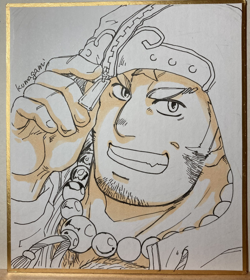 1boy adjusting_hood bara beads chest_hair commentary_request cross_scar facial_hair goatee_stubble grin highres hood hood_up hooded_jacket houzouin_oniwaka jacket kumagamike long_sideburns male_focus marker_(medium) mature_male muscular muscular_male photo_(medium) prayer_beads scar scar_on_face scar_on_forehead shikishi sideburns signature smile solo stubble tassel thick_eyebrows tokyo_afterschool_summoners traditional_media upper_body