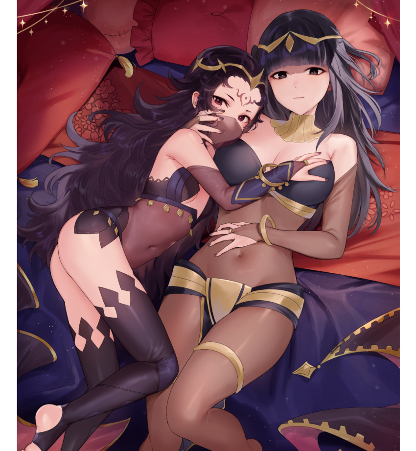 2girls ass black_hair black_nails black_thighhighs blunt_bangs bodysuit bracelet breasts bridal_gauntlets brown_bodysuit brown_eyes cleavage closed_mouth covered_navel facial_mark fire_emblem fire_emblem_awakening fire_emblem_fates from_above grabbing grabbing_another's_breast haru_(nakajou-28) height_difference jewelry large_breasts long_hair looking_at_viewer lying mouth_veil multiple_girls nail_polish nyx_(fire_emblem) on_back on_side pelvic_curtain small_breasts tharja_(fire_emblem) thighhighs thighlet tiara veil very_long_hair