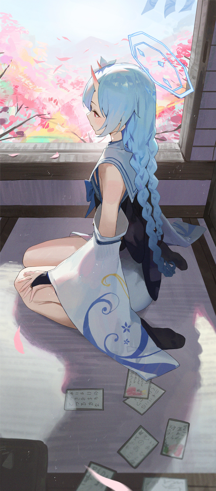 1girl absurdres black_socks blue_archive blue_hair blue_halo blush braid bridal_gauntlets cherry_blossoms chise_(blue_archive) detached_sleeves dress falling_petals halo highres horns indoors kji_(rozo) long_hair looking_ahead oni_horns petals red_eyes sailor_collar sitting sleeveless sleeveless_dress socks solo twin_braids wariza white_sleeves wide_sleeves