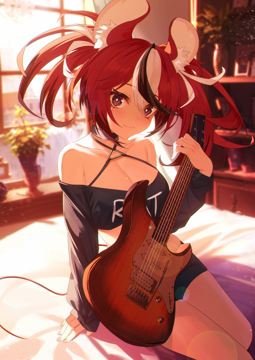 1girl absurdres animal_ear_fluff animal_ears bare_shoulders bedroom black_choker black_shorts choker closed_mouth collarbone crop_top electric_guitar guitar hakos_baelz highres holding holding_instrument hololive hololive_english indoors instrument jiang_ye_kiri lens_flare looking_at_viewer mouse_ears mouse_girl mouse_tail multicolored_hair on_bed plant potted_plant shelf short_shorts shorts smile solo streaked_hair tail thighs twintails vase virtual_youtuber window
