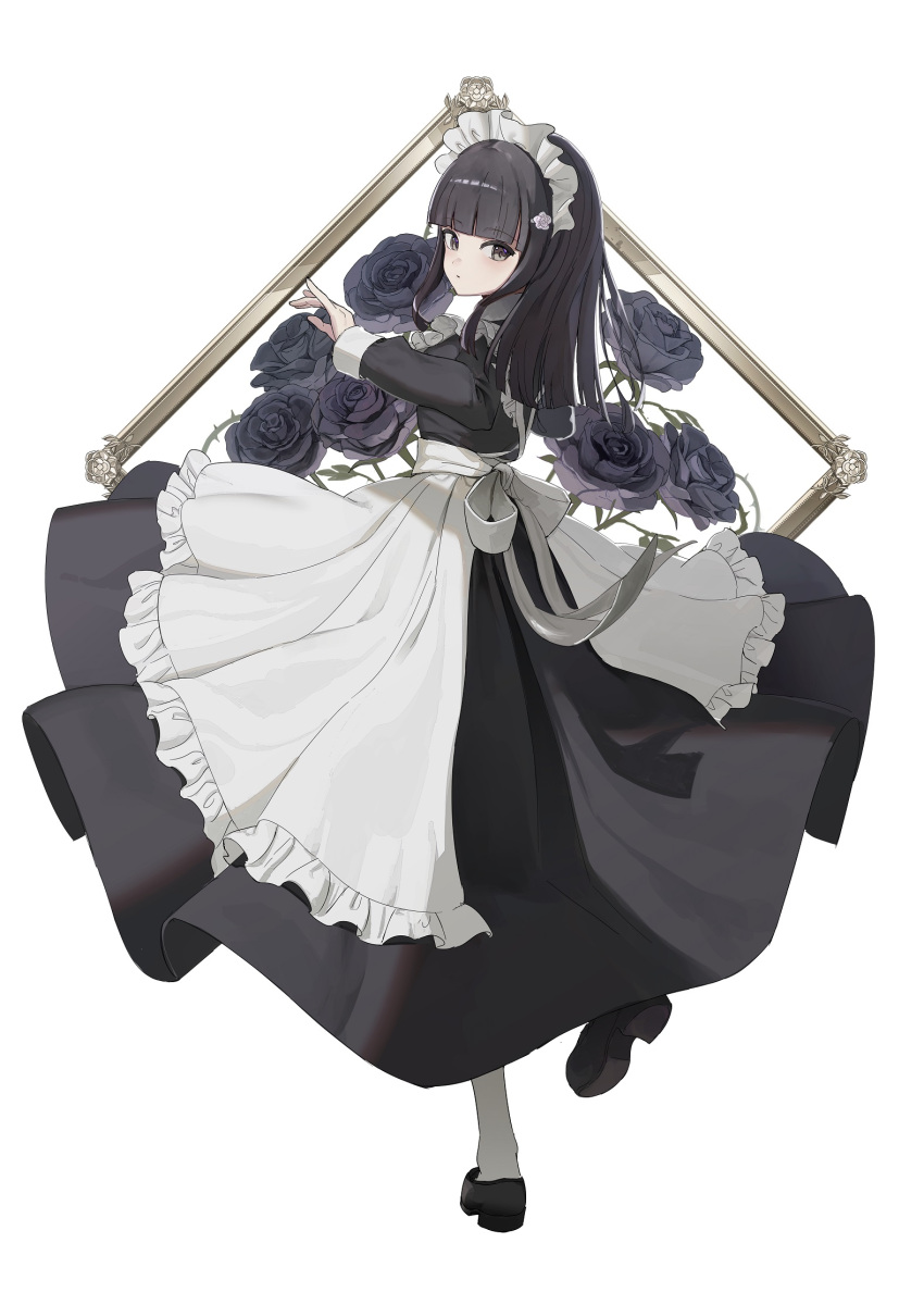 1girl apron black_flower black_footwear black_hair black_rose blunt_bangs brown_eyes flower hair_flower hair_ornament highres hime_cut long_hair looking_at_viewer looking_back maid maid_apron maid_headdress original parted_lips purple_flower rose shii_(kairi-t-k0317) socks solo standing standing_on_one_leg white_flower white_socks