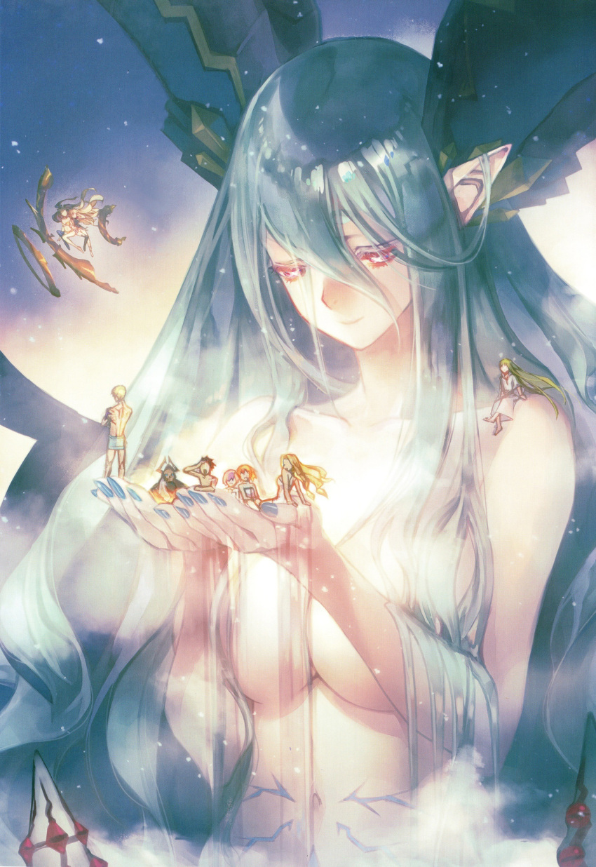 breasts curled_horns demon_pillar_(fate) enkidu_(fate) ereshkigal_(fate) fate/grand_order fate_(series) fujimaru_ritsuka_(female) fujimaru_ritsuka_(male) gilgamesh_(fate) green_horns hair_on_horn highres horns in_palms ishtar_(fate) king_hassan_(fate) kingu_(fate) large_breasts long_hair long_horns mash_kyrielight navel pointy_ears quetzalcoatl_(fate) rinss_hi stomach_tattoo symbol-shaped_pupils tattoo tiamat_(fate) very_long_hair water