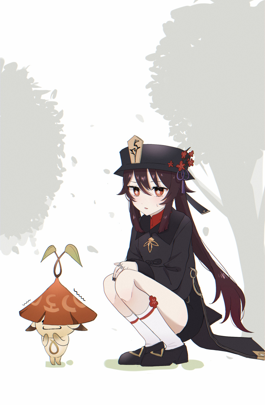 1girl absurdres aradasa_(genshin_impact) black_coat black_footwear black_headwear black_nails black_shorts bright_pupils brown_hair coat coattails flower flower-shaped_pupils genshin_impact hat hat_flower hat_tassel highres hu_tao_(genshin_impact) marodayo_33 orange_eyes shorts simple_background socks solo symbol-shaped_pupils twintails white_pupils white_socks