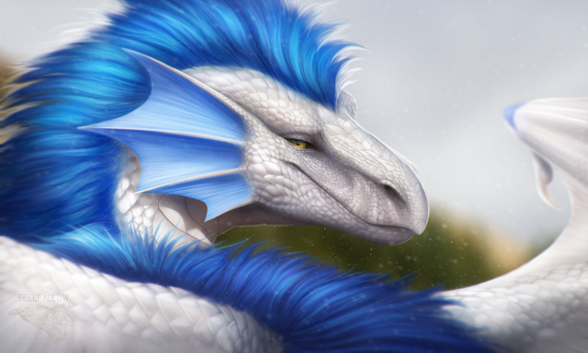 2023 blue_mane blue_membrane digital_media_(artwork) dragon ear_fins fellfallow feral fin hi_res light looking_at_viewer looking_back looking_back_at_viewer male mane membrane_(anatomy) membranous_wings outside rooth scales scalie sky solo sunlight white_body white_scales wing_claws wings yellow_eyes