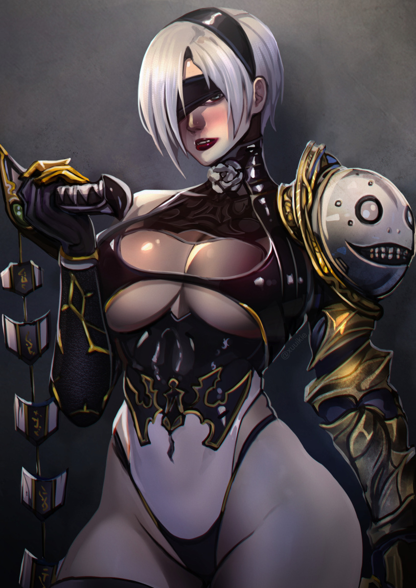 1girl absurdres armor black_blindfold black_gloves black_hairband black_thighhighs blindfold blue_eyes breasts clawed_gauntlets cleavage commentary_request covered_navel covered_nipples elbow_gloves emil_(nier) fusion gauntlets gloves grey_hair hair_over_one_eye hairband highleg highleg_leotard highres holding holding_weapon huge_breasts isabella_valentine large_breasts leotard lipstick looking_at_viewer makeup multicolored_leotard nier:automata nier_(series) nose one_eye_covered pauldrons red_lips revealing_clothes short_hair shoulder_armor single_gauntlet single_pauldron solo soulcalibur thick_thighs thighhighs thighs underboob weapon whip_sword xuuikie_ashe yorha_no._2_type_b