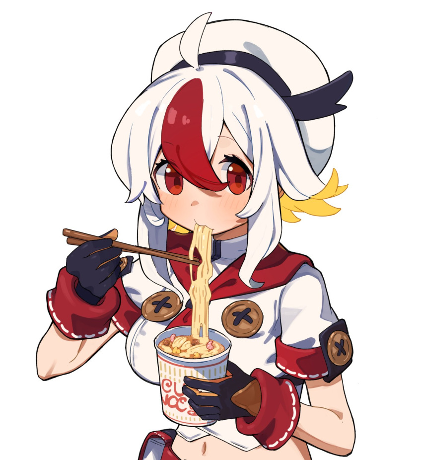 1girl ahoge beret black_gloves blonde_hair breasts chopsticks commentary_request copyright_request crop_top cup cup_ramen disposable_cup eating food gloves hair_between_eyes hat highres holding holding_chopsticks holding_cup medium_breasts midriff moutama multicolored_hair navel noodles red_eyes red_hair shirt short_sleeves simple_background solo two-tone_hair upper_body white_background white_hair white_headwear white_shirt