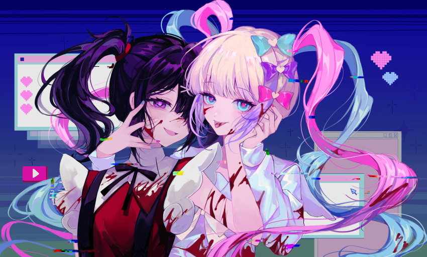 2girls absurdres ame-chan_(needy_girl_overdose) black_hair black_ribbon blonde_hair blood blood_on_arm blood_on_clothes blood_on_face blood_splatter blue_background blue_bow blue_eyes blue_hair blue_nails blue_shirt blunt_bangs blush bow chinese_commentary chouzetsusaikawa_tenshi-chan collared_shirt commentary_request crazy_smile dual_persona glitch hair_bow hair_ornament hair_over_one_eye hair_tie hairclip hand_on_another's_face hand_up hands_up heart heart_hair_ornament heart_in_eye highres holding_hands ke_luosi long_hair looking_at_viewer multicolored_hair multicolored_nails multiple_girls nail_polish neck_ribbon needy_girl_overdose open_mouth pink_bow pink_hair pink_nails pixel_heart purple_bow purple_eyes quad_tails red_shirt ribbon shirt smile suspenders symbol_in_eye tongue tongue_out twintails upper_body very_long_hair window_(computing) x_hair_ornament yellow_nails youtube_logo