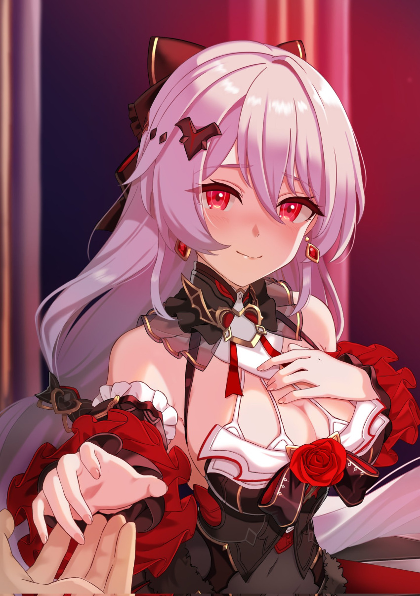 1girl 1other black_bow black_dress bow breasts cleavage closed_mouth commentary_request dress earrings flower grey_hair hair_between_eyes hair_bow hair_ornament hand_on_own_chest hand_up highres honkai_(series) honkai_impact_3rd jewelry long_hair luna_(honkai_impact) medium_breasts out_of_frame red_eyes red_flower red_rose rose ryuusan_(leuthan698) smile solo_focus