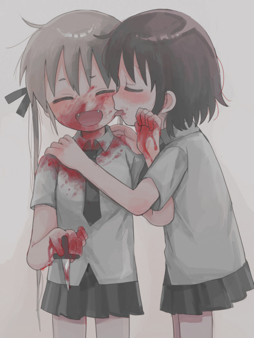 2girls ahoge black_necktie black_skirt blonde_hair blood blood_on_clothes blood_on_face blood_on_hands blood_splatter blush brown_hair closed_eyes collared_shirt cowboy_shot facing_viewer fangs hands_on_another's_shoulders head_tilt highres holding holding_knife kill_me_baby knife licking licking_another's_face licking_blood long_hair multiple_girls muted_color necktie open_mouth oribe_yasuna pleated_skirt profile raised_eyebrow shirt short_eyebrows short_hair short_sleeves simple_background skirt smile sonya_(kill_me_baby) twintails white_background white_shirt yasashii_naizou yuri