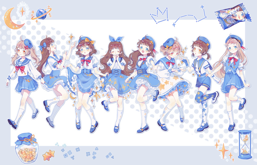 6+girls :o absurdres ahoge argyle argyle_legwear arm_up asymmetrical_footwear asymmetrical_gloves asymmetrical_legwear beret blonde_hair blue_bow blue_eyes blue_flower blue_footwear blue_gloves blue_headwear blue_sailor_collar blue_shorts blue_skirt blue_theme blue_thighhighs blue_vest border bow bowtie brown_hair buttons candy_wrapper center_frills chinese_commentary closed_eyes closed_mouth clothes_lift collarbone commentary constellation crescent cross-laced_clothes cross-laced_skirt curled_fingers english_text facing_viewer fingerless_gloves flower frilled_skirt frills full_body gloves grey_border grey_outline hair_bow hair_ornament hairclip hand_up hands_up hat head_tilt headwear_request hidari_(nanmu-left) high-waist_skirt highres hourglass jar knees_together_feet_apart lapels lifted_by_self light_blush light_brown_hair light_smile lineup loafers long_hair long_sleeves looking_at_object looking_down looking_up mary_janes medium_hair mismatched_footwear mismatched_gloves mismatched_legwear multiple_girls neck_ribbon notched_lapels open_hand open_hands open_mouth orange_bow orange_eyes original outline outstretched_arm over-kneehighs pink_eyes pleated_skirt polka_dot polka_dot_background profile puffy_short_sleeves puffy_sleeves reaching reaching_towards_viewer red_bow red_bowtie red_ribbon ribbon round_teeth sailor_collar sand school_uniform serafuku shirt shoes short_eyebrows short_hair short_sleeves short_twintails shorts sidelocks simple_background skirt skirt_lift sleeves_past_wrists smile socks standing standing_on_one_leg star_(symbol) star_print straight-on surprised suspender_shorts suspenders tareme teeth thick_outlines thighhighs twintails two-tone_background upper_teeth_only very_long_hair vest walking wavy_hair white_background white_footwear white_gloves white_outline white_serafuku white_shirt white_socks white_thighhighs