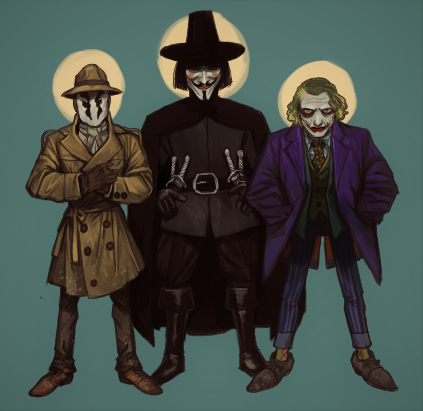 3boys batman_(series) belt black_cape black_footwear black_headwear black_pants black_shirt boots brown_coat brown_footwear brown_pants cape clown coat crossover dagger dc_comics facepaint fedora formal full_body green_hair green_vest guy_fawkes_mask hair_dye hands_in_pockets hat highres inkblot inkblot_test jacket joker_(dc) knife looking_at_viewer male_focus mask mossacannibalis multiple_boys multiple_crossover necktie pants polka_dot purple_jacket purple_pants purple_suit rorschach shirt standing suit suit_jacket superhero the_dark_knight trench_coat v_(v_for_vendetta) v_for_vendetta vest watchmen weapon