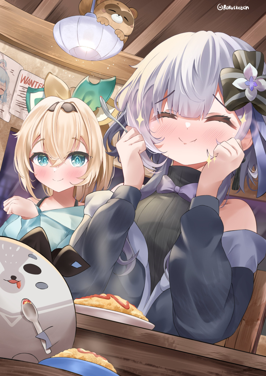 2girls absurdres bazo_(vestia_zeta) black_jacket blonde_hair blush closed_eyes commentary english_commentary food green_eyes green_shirt grey_hair high_ponytail highres holding holding_spoon hololive hololive_indonesia indoors jacket kazama_iroha kobo_kanaeru long_hair long_sleeves medium_hair multiple_girls omelet omurice rokusketch shirt smile spoon sweater turtleneck turtleneck_sweater twitter_username vestia_zeta virtual_youtuber wanted