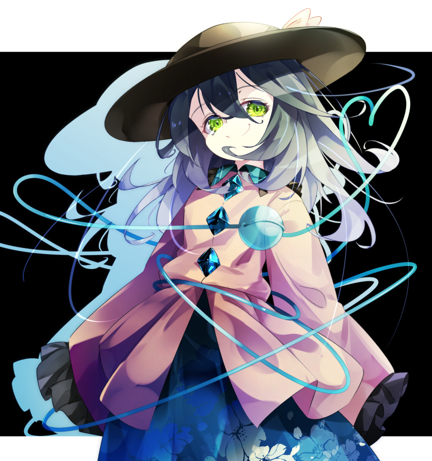1girl black_headwear buttons closed_mouth collared_shirt diamond_button frilled_shirt_collar frilled_sleeves frills gorilla_(bun0615) green_eyes green_hair green_skirt hair_between_eyes hat hat_ribbon heart heart_of_string highres koishi_day komeiji_koishi long_hair ribbon shirt skirt sleeves_past_fingers sleeves_past_wrists smile solo touhou upper_body wide_sleeves yellow_ribbon yellow_shirt