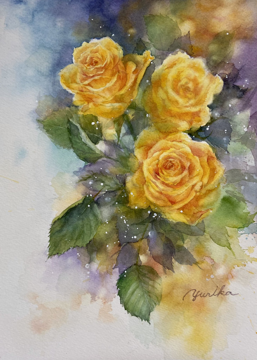 flower highres leaf no_humans ooy33151086 original painting_(medium) plant realistic rose signature still_life traditional_media watercolor_(medium) yellow_flower yellow_rose