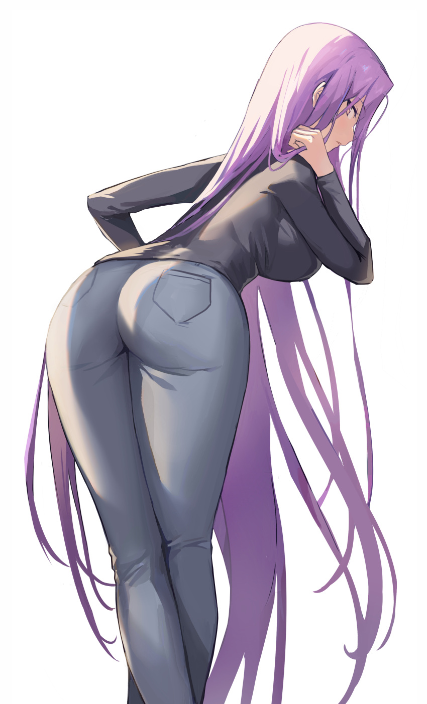 1girl absurdres ass black_shirt blue_pants breasts fate/grand_order fate/stay_night fate_(series) feet_out_of_frame from_behind highres kuza_brs large_breasts leaning_forward long_hair long_sleeves looking_at_viewer looking_back medusa_(fate) medusa_(rider)_(fate) pants purple_eyes purple_hair shirt simple_background solo very_long_hair white_background