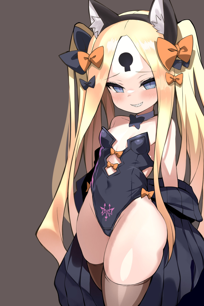 1girl abigail_williams_(fate) absurdres animal_ear_fluff animal_ears bare_shoulders black_bow black_jacket black_leotard blonde_hair blue_eyes blush bow bowtie breasts brown_thighhighs cat_ears collarbone covered_navel detached_collar fake_animal_ears fate/grand_order fate_(series) forehead grin hair_bow hairband highleg highleg_leotard highres jacket keyhole leotard long_hair looking_at_viewer off_shoulder orange_bow parted_bangs pubic_tattoo sharp_teeth shimejinameko sidelocks small_breasts smile solo tattoo teeth thick_thighs thighhighs thighs twintails wide_hips