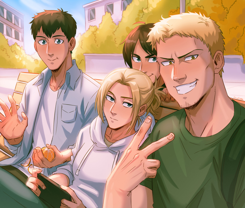 1girl 3boys ahoge annie_leonhardt artist_name bench bertolt_hoover blonde_hair blue_eyes breasts brown_eyes brown_hair building cellphone chalseu commentary english_commentary eren_yeager food fruit green_shirt grin highres holding holding_food holding_fruit holding_phone hood hooded_sweater hoodie mandarin_orange medium_breasts multiple_boys open_clothes open_shirt phone reiner_braun shared_blanket shingeki_no_kyojin shirt signature sitting smartphone smile sweater t-shirt tree v white_hoodie white_shirt