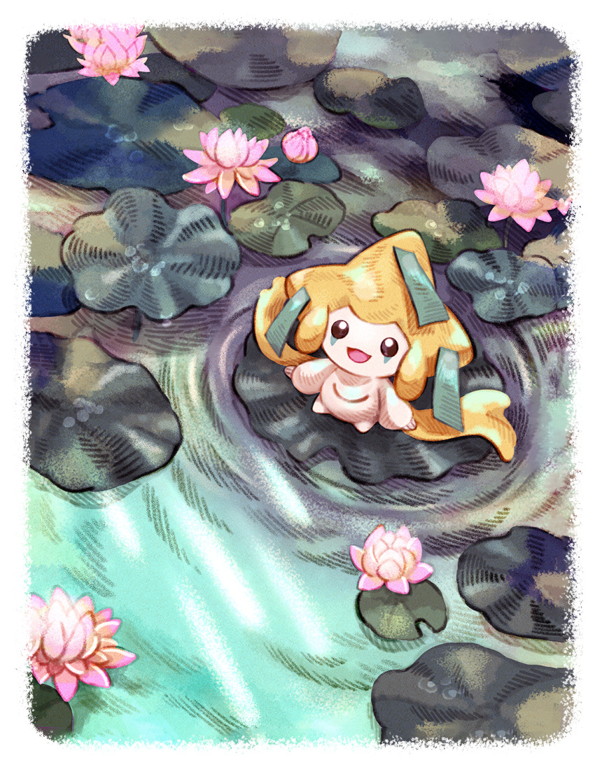 colored_skin from_above highres jirachi lily_pad matsuri_(matsuike) multicolored_skin nature pokemon pokemon_(creature) smile third_eye two-tone_skin water water_lily_flower white_skin yellow_skin