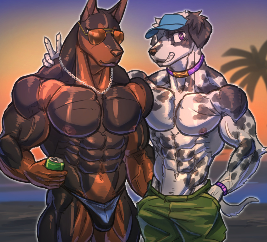 2023 abs aviator_glasses beach beverage bottomwear bulge canid canine canis clothing collar dalmatian dobermann domestic_dog emoster gesture hi_res holding_beverage holding_object male mammal muscular muscular_male nipples pinscher seaside shorts spots standing thong underwear v_sign