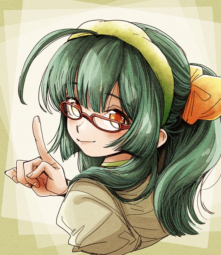 1girl ahoge alternate_hairstyle bespectacled blunt_bangs blush bow brown_shirt commentary_request cropped_shoulders from_behind glasses green_hair green_hairband hair_bow hair_over_shoulder hairband hand_up highres index_finger_raised long_hair looking_at_viewer looking_back looking_over_eyewear multicolored_background natsu_tuna orange_bow orange_eyes ponytail red-framed_eyewear shirt smile solo touhoku_zunko voiceroid white_background